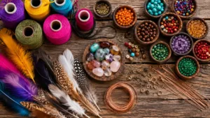 uma mesa com vários materiais para fazer Artesanato Hippie