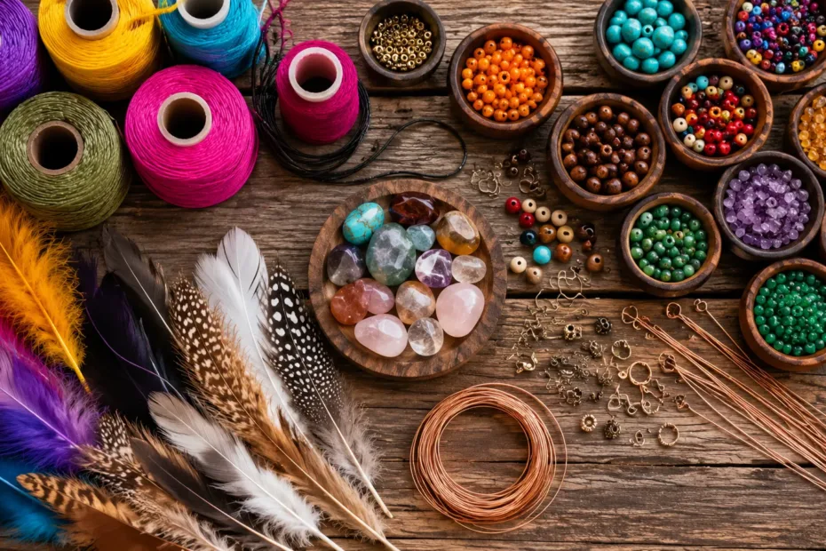 uma mesa com vários materiais para fazer Artesanato Hippie