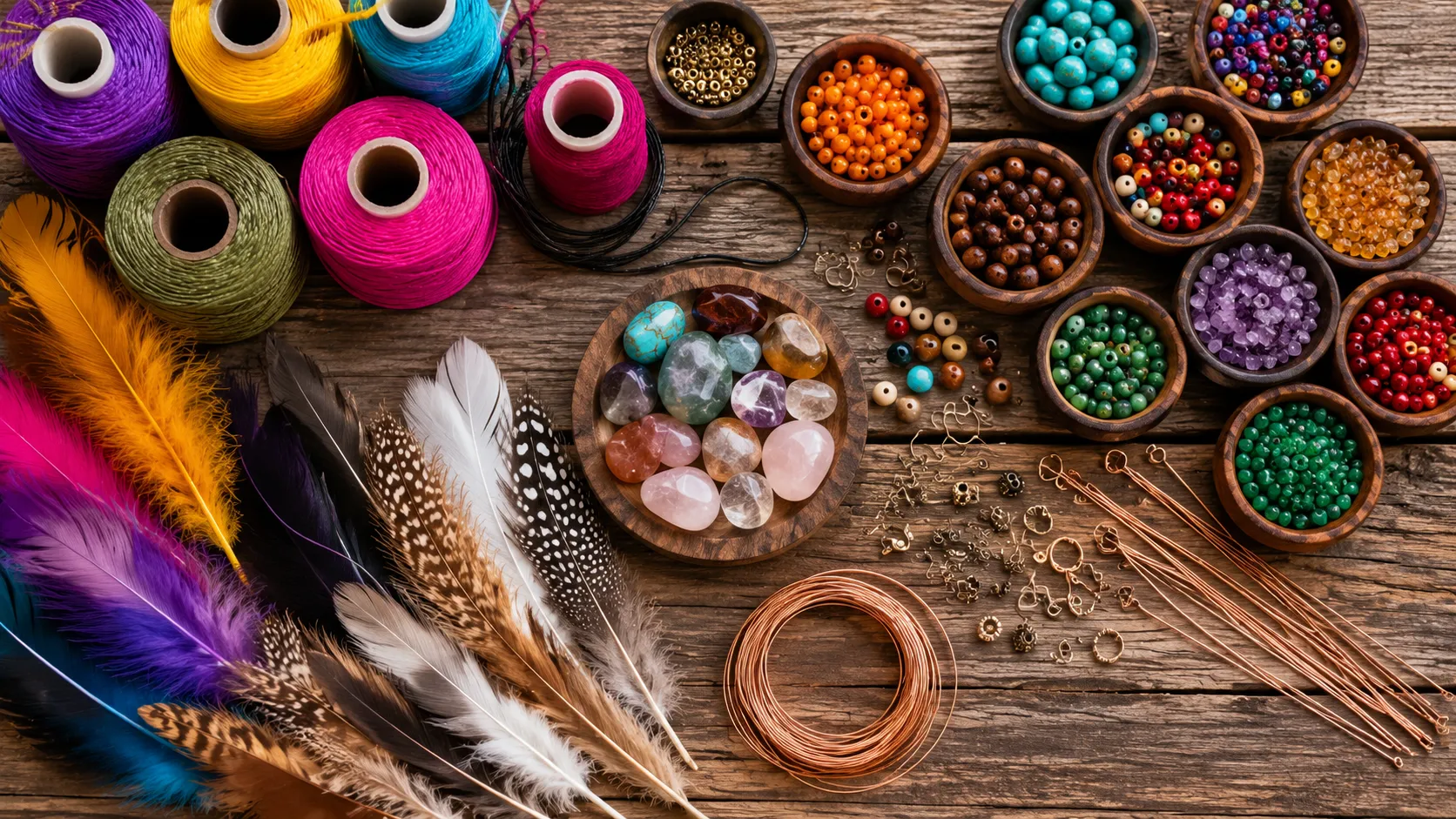 uma mesa com vários materiais para fazer Artesanato Hippie