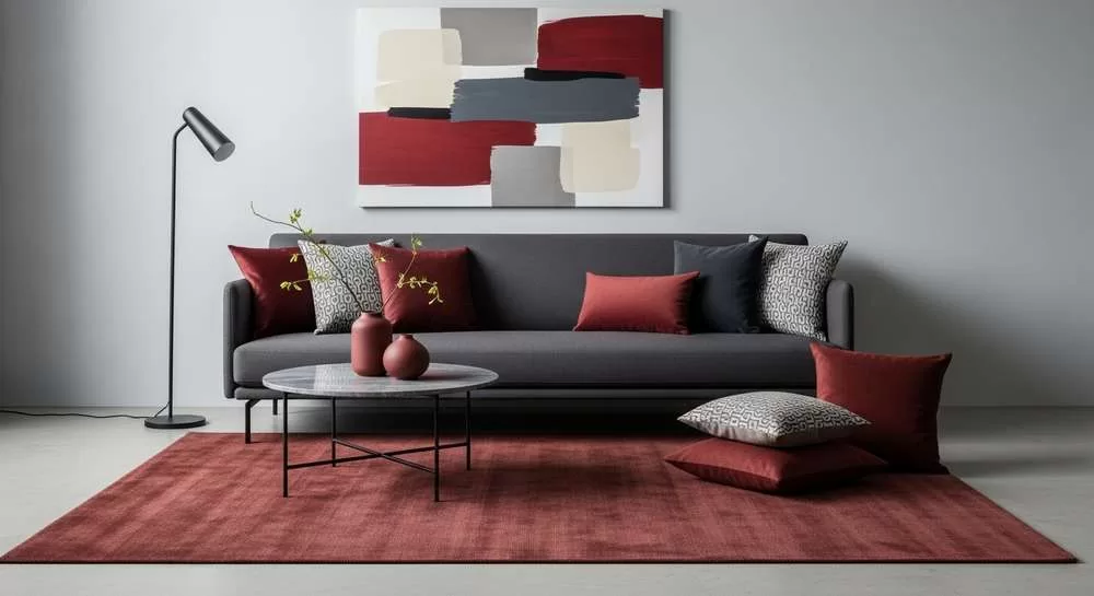 sala decorada marsala cinza moderna sofá almofadas