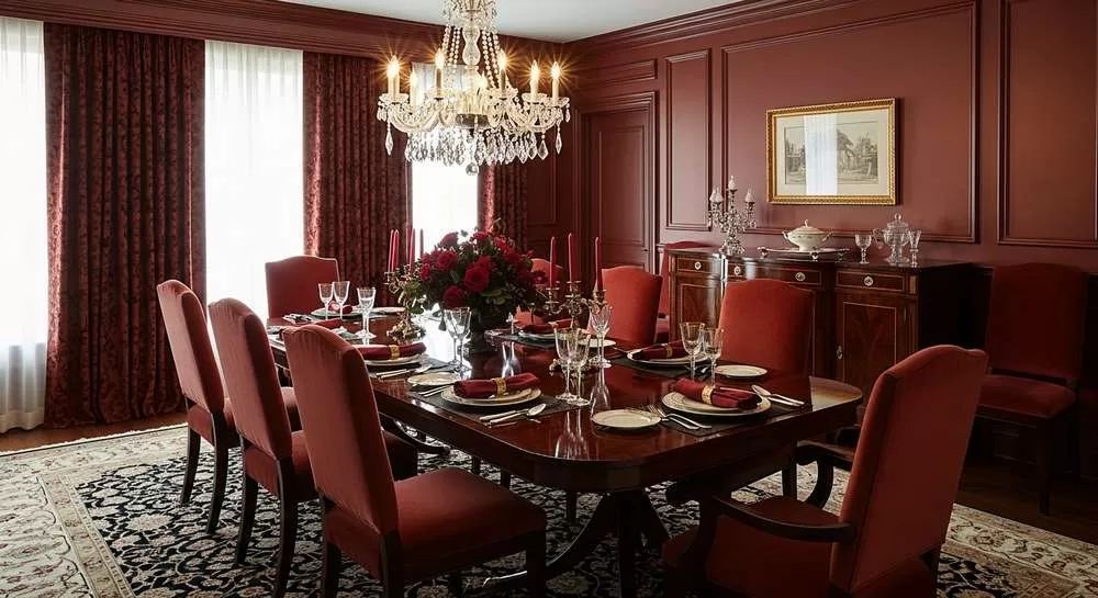 sala jantar marsala madeira escura clássica elegante