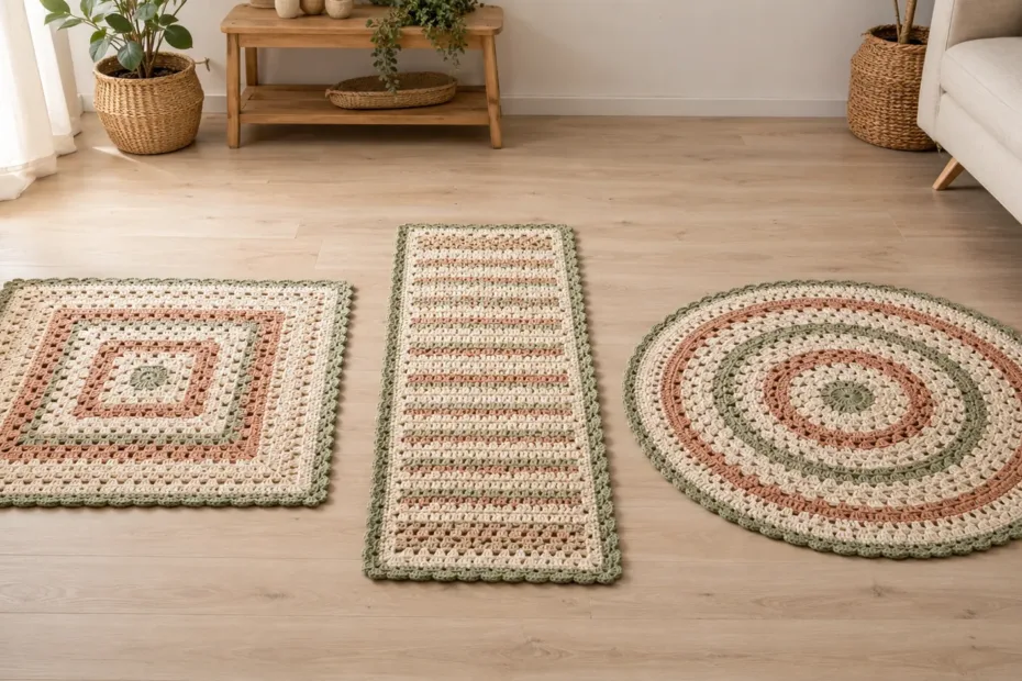 3 modelos de tapete de croche-redondo-quadrado e retangular