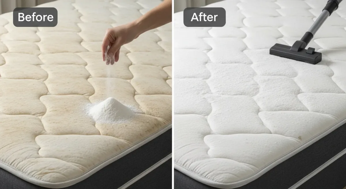 Foto de antes e depois de um colchão sendo limpo com bicarbonato