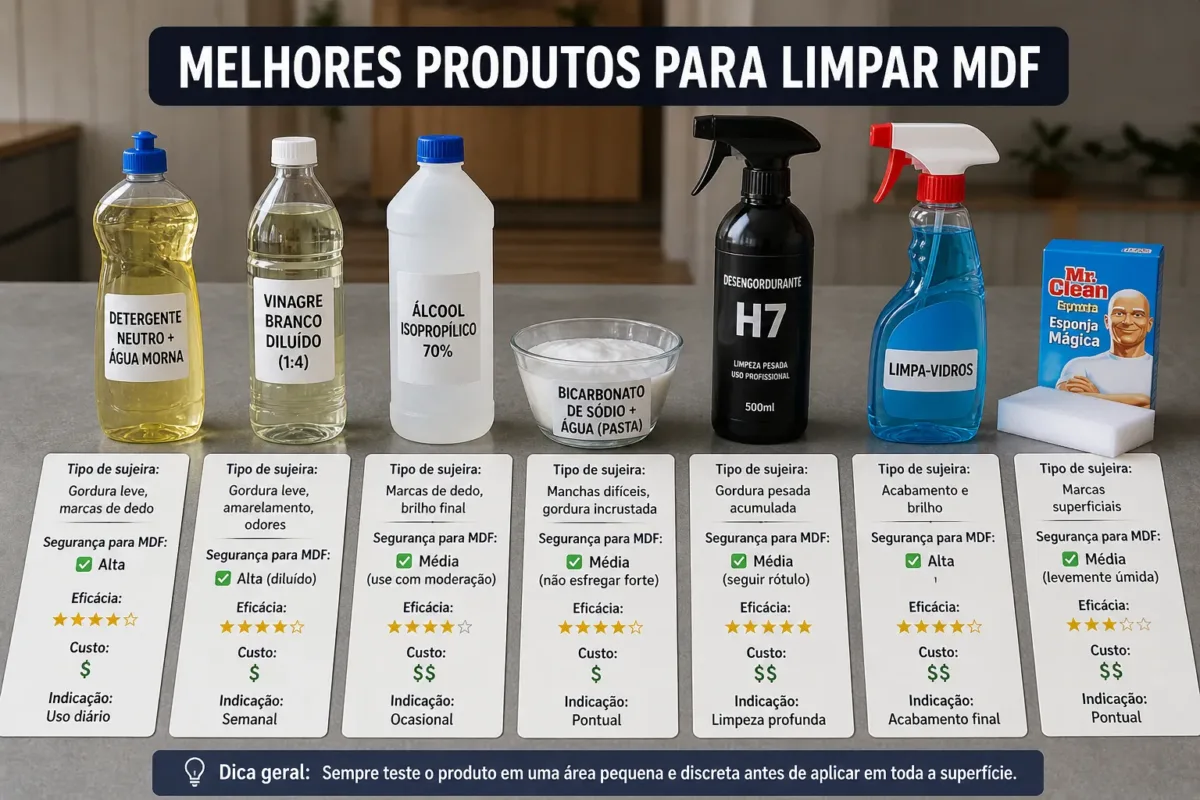 Foto dos produtos alinhados em uma bancada, com etiquetas de identificação