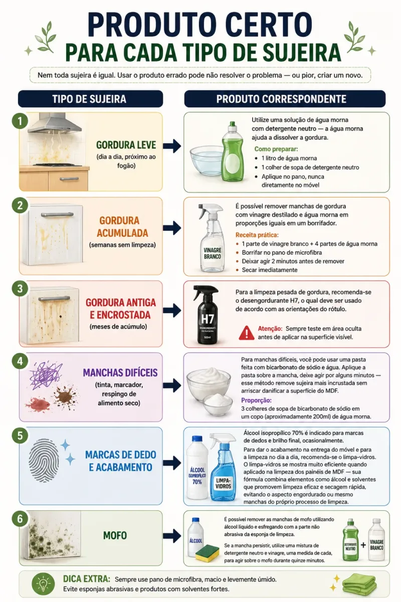 Infográfico com 6 ícones de tipo de sujeira + produto correspondente em formato de flowchart