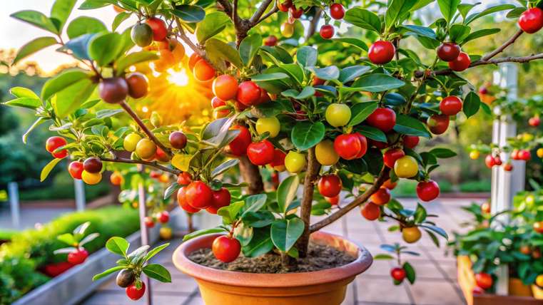 Aceroleira em vaso com frutas verdes e vermelhas iluminadas pela luz do final da tarde.