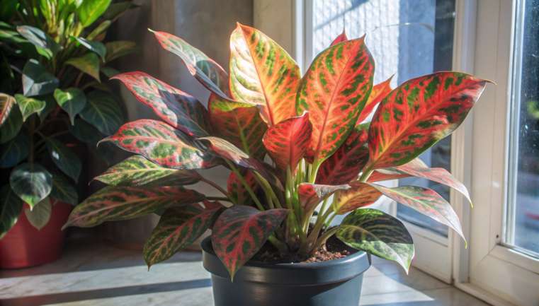 Aglaonema Vermelha em ambiente interno com luz indireta.