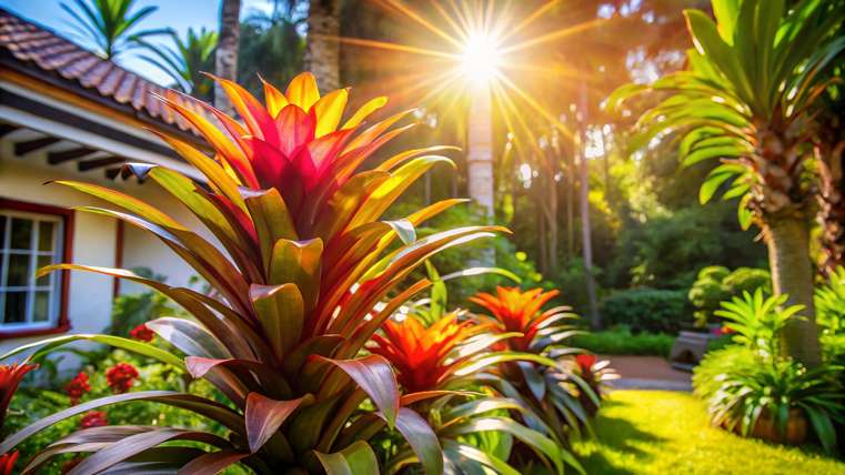 Bromélia em um jardim com luz solar filtrada, capturada em ângulo inclinado.