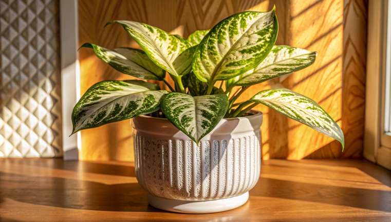 Close-up da planta Aglaonema com folhas verdes e prateadas em um vaso branco sobre uma mesa de madeira.