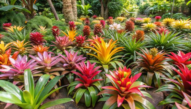 Coleção de diferentes tipos de bromélia em um jardim tropical, destacando suas cores vibrantes.