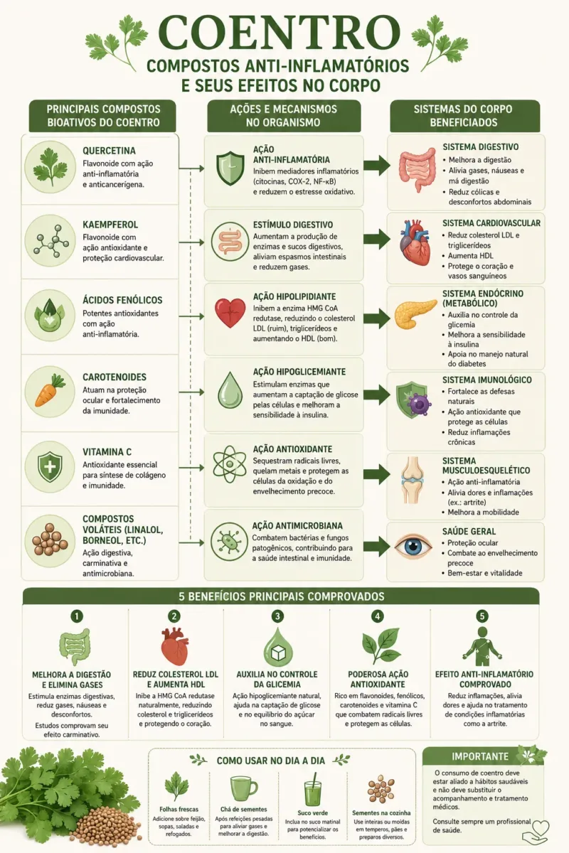 Diagrama mostrando os compostos anti-inflamatórios do coentro