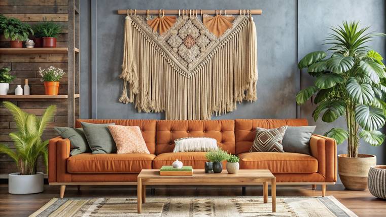 Sala de estar boho-chic com painel de macramê de parede acima de sofá e decoração com plantas.