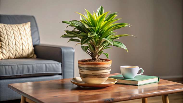 Dracena compacta em vaso de cerâmica decorando sala de estar.