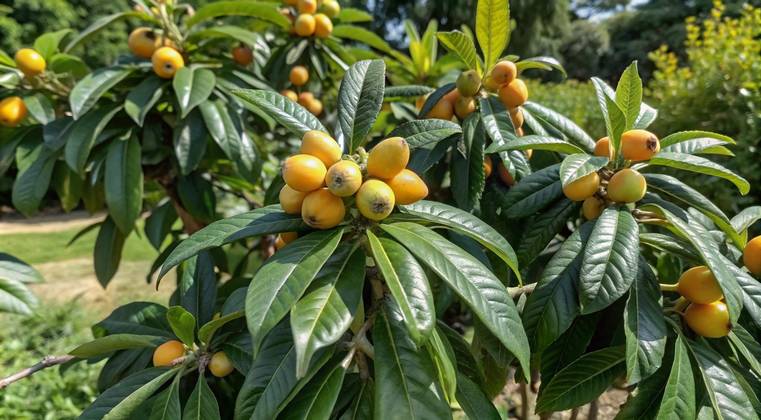 Pé de nêspera saudável com frutos maduros e folhas verdes no jardim