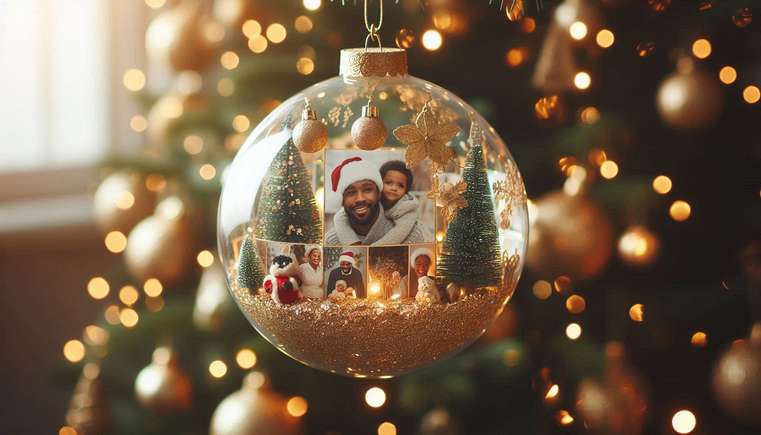 Bola de Natal personalizada com glitter prateado e fita de cetim.