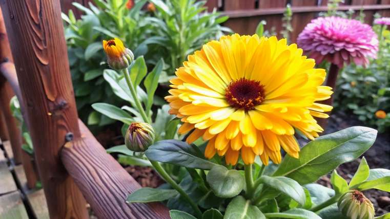 Calêndula florescendo em um jardim florido