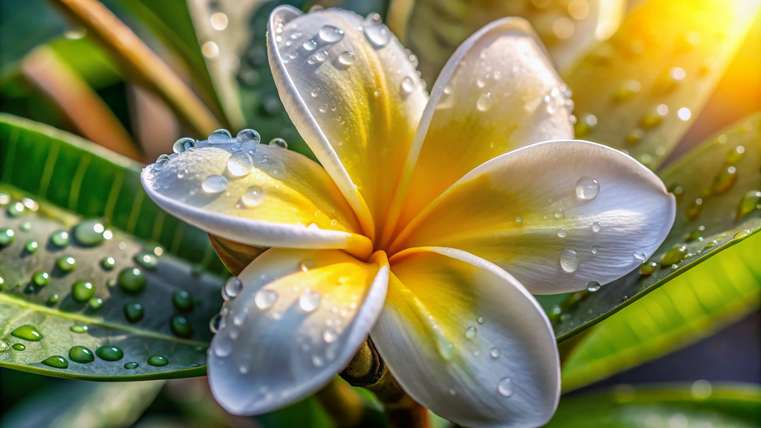 Frangipani flor branca e amarela com gotas de orvalho, vista de cima em luz matinal