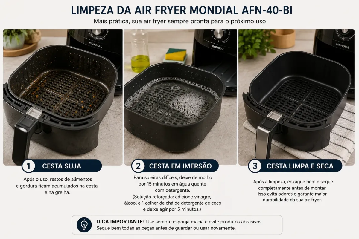 Limpeza da cesta e da cuba air fryer mondial
