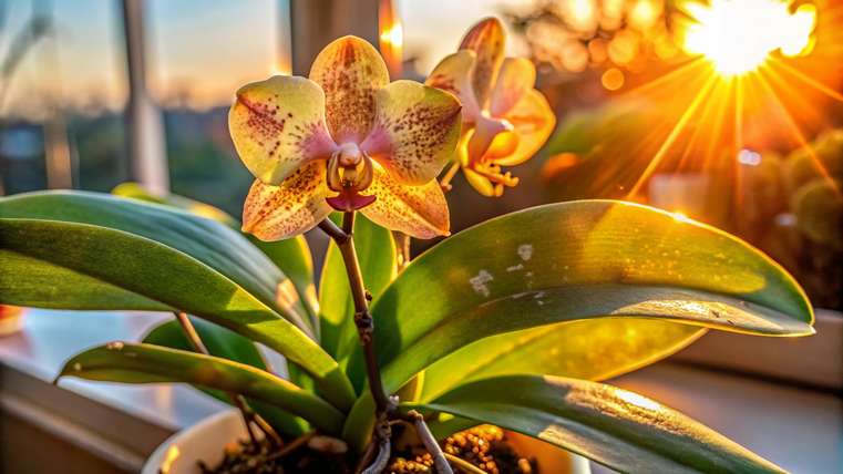 Orquídea com folhas danificadas por ácaros