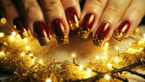 Unhas vermelhas com glitter dourado, destacando o brilho das festas de Natal.