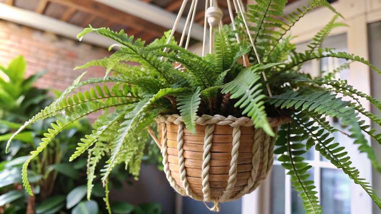 Vasos suspenso com nós de macrame contendo uma samambaia