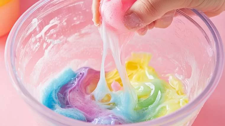 Como Fazer Slime com Detergente e Sal: Receita Simples e Divertida processo de fazer slime, com um recipiente transparente contendo detergente colorido, sal, cola e corante