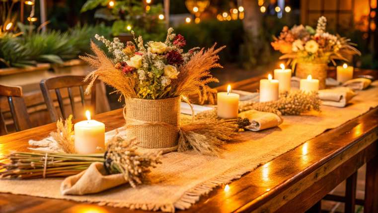 Caminho de mesa de tecido de juta com decoração rústica em festa ao ar livre.