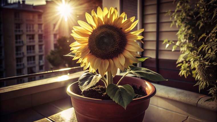 Girassol em vaso médio de cerâmica em uma varanda ensolarada, com pétalas amarelas vibrantes sob a luz do sol