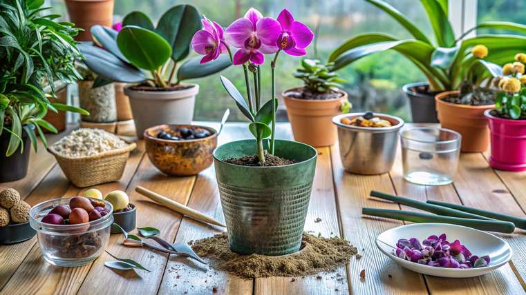 Materiais necessários para replantar orquídeas organizados em uma mesa.