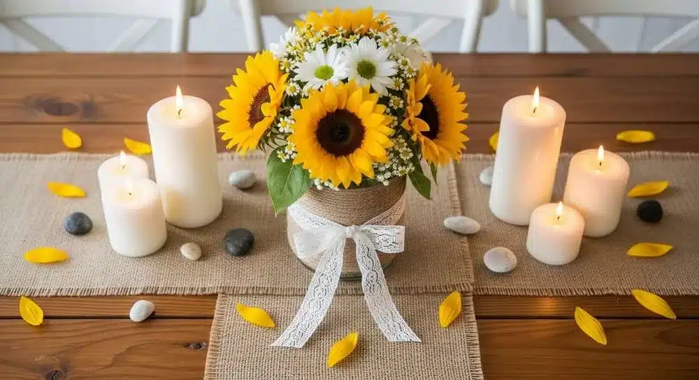 Centro de mesa rústico pote vidro envolvido juta renda girassóis margaridas velas decoração casamento
