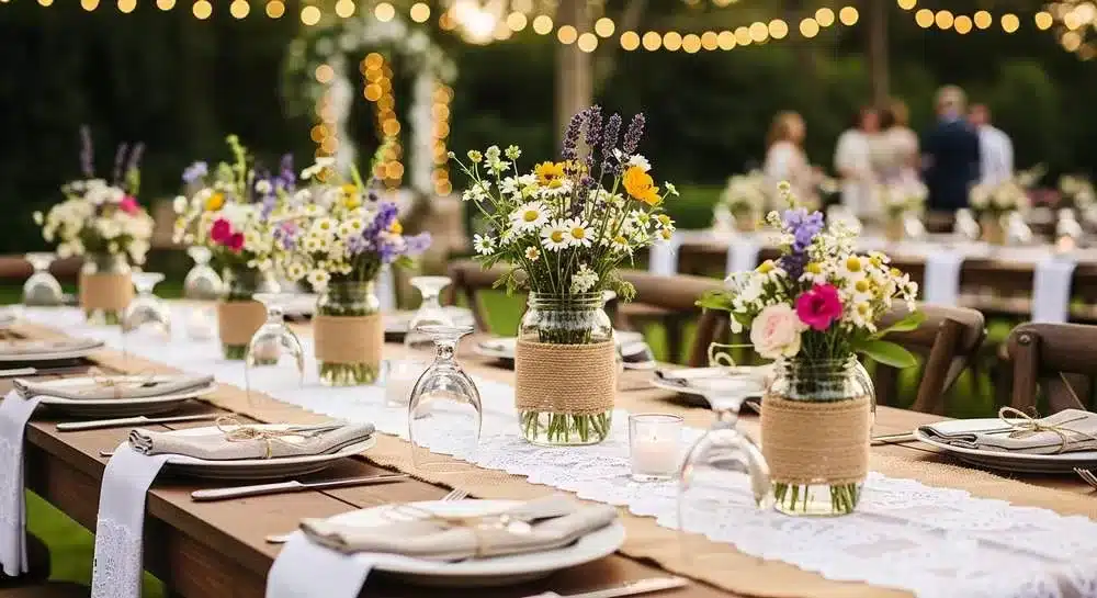 Decoração mesa casamento rústico juta renda potes vidro flores naturais evento ao ar livre