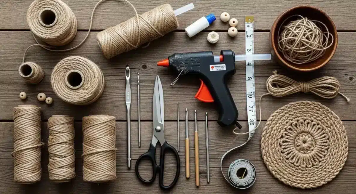Ferramentas materiais artesanato juta tesoura cola quente agulhas crochê fita métrica workspace