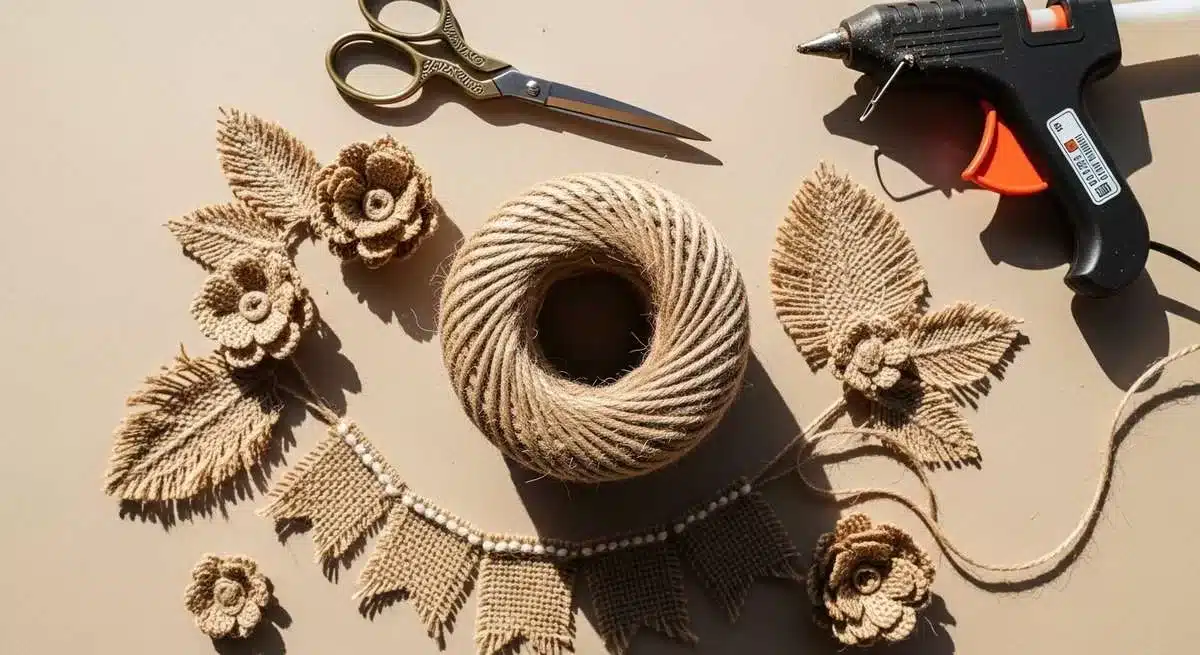 Fio de juta natural enrolado com materiais de artesanato decoração rústica tesoura cola quente workspace