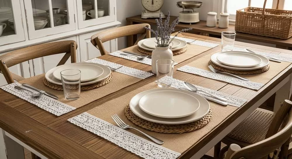 Jogo americano retangular juta com renda decoração mesa posta jantar rústico fazenda kit