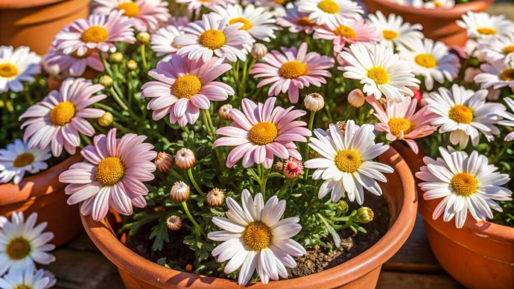 lindas margaridas plantadas em vasos