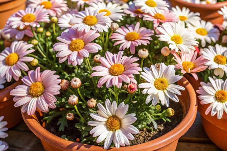 lindas margaridas plantadas em vasos