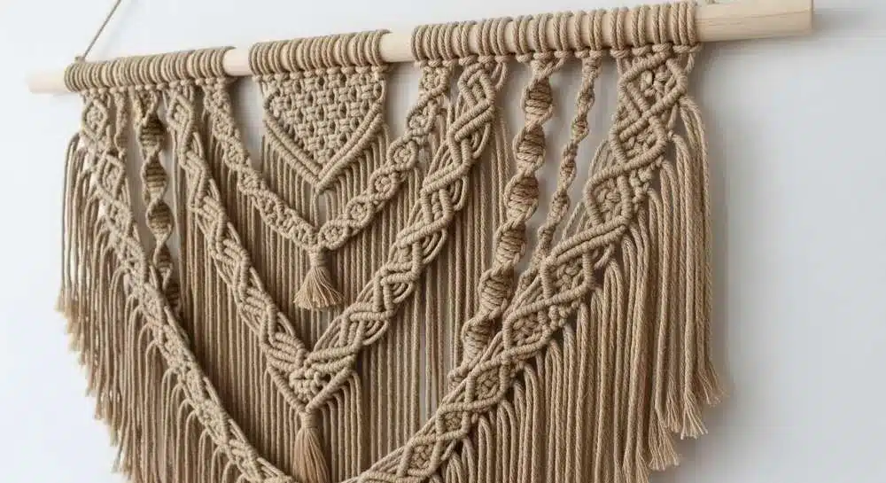 Macramê de parede feito com fio de juta natural estilo boho decoração artesanal textura