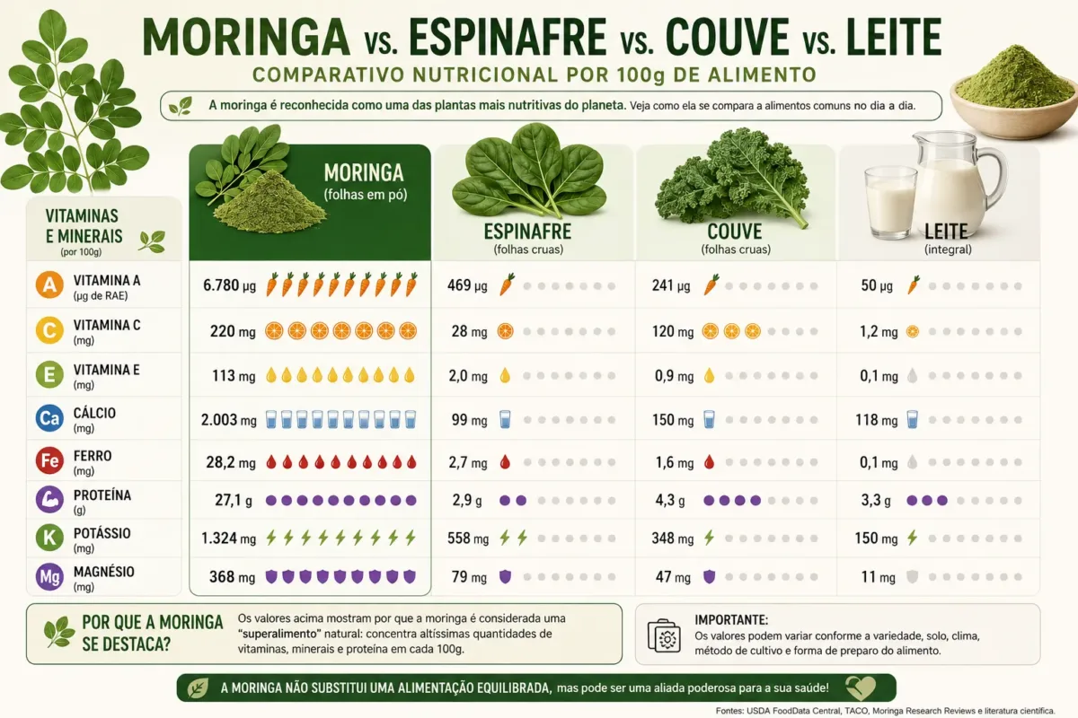 Infográfico comparativo — Moringa vs. Espinafre vs. Couve vs. Leite