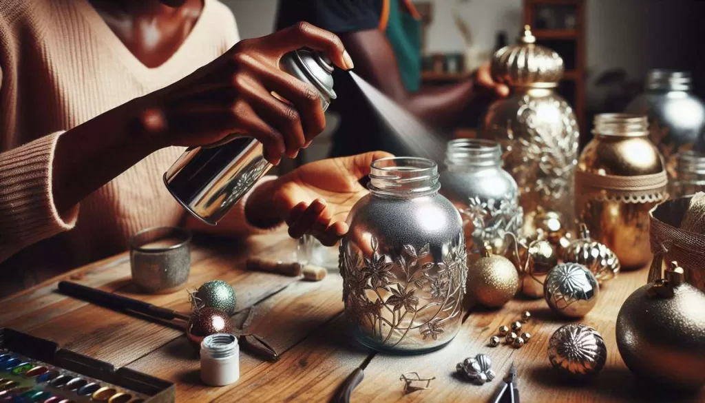 Pessoas aplicando tinta cromada para criar o efeito Mercury Glass em potes de vidro.