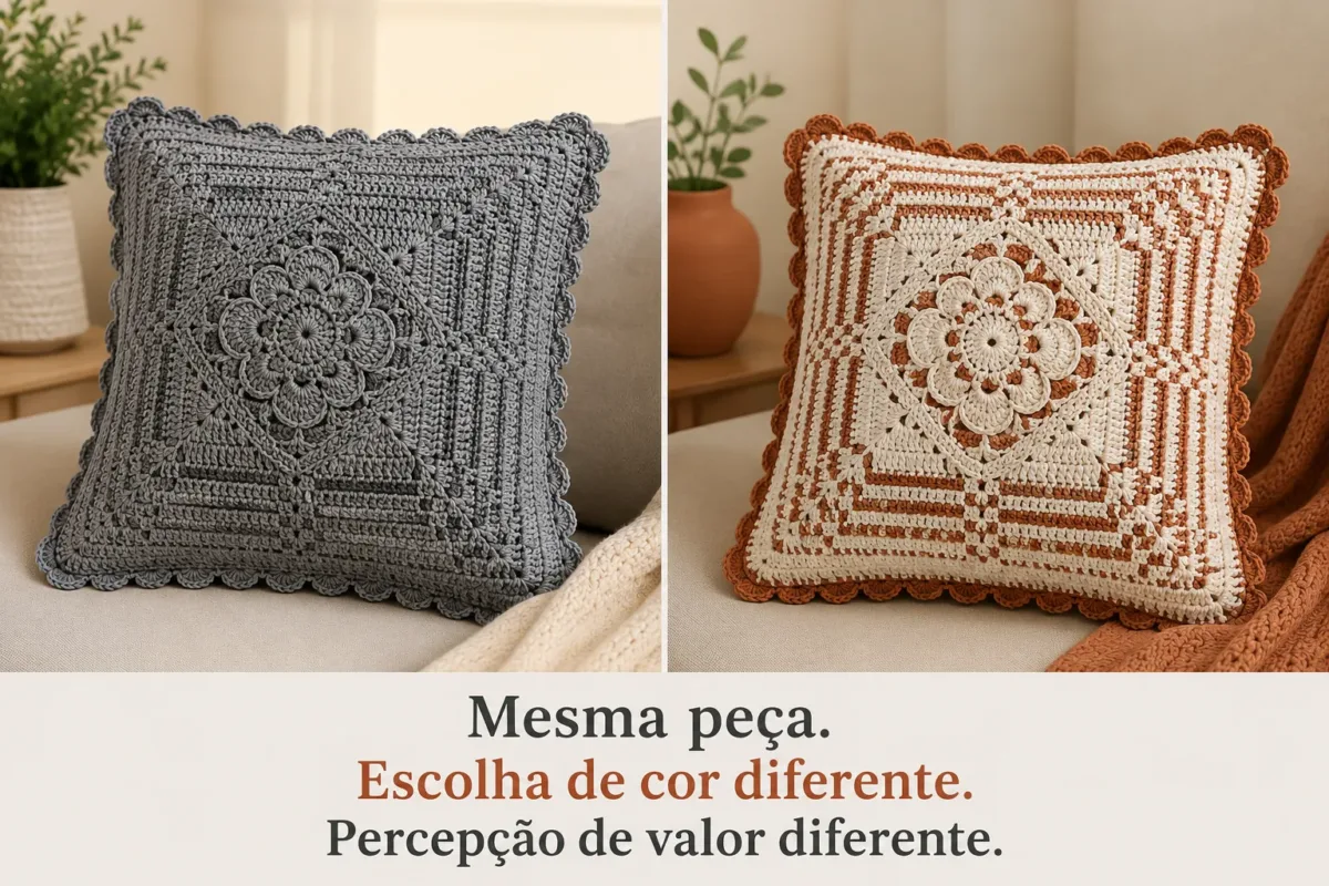 almofadas de crochê idênticas — uma em cinza apagado, outra na paleta Cloud Dancer + terracota
