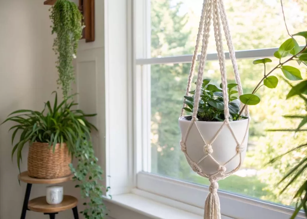 Um suporte para plantas de macramê, com um vaso de cerâmica branco, pendurado em um canto iluminado de uma sala com plantas ao fundo.