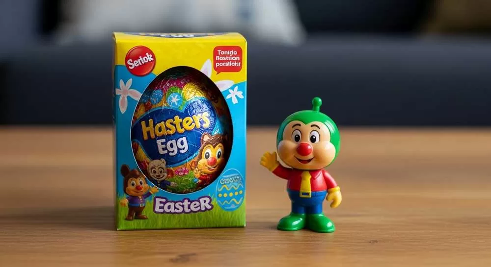 Um ovo de Páscoa de marca infantil (como da Nestlé ou Lacta) com embalagem colorida. Ao lado dele, fora da caixa, está o brinquedo