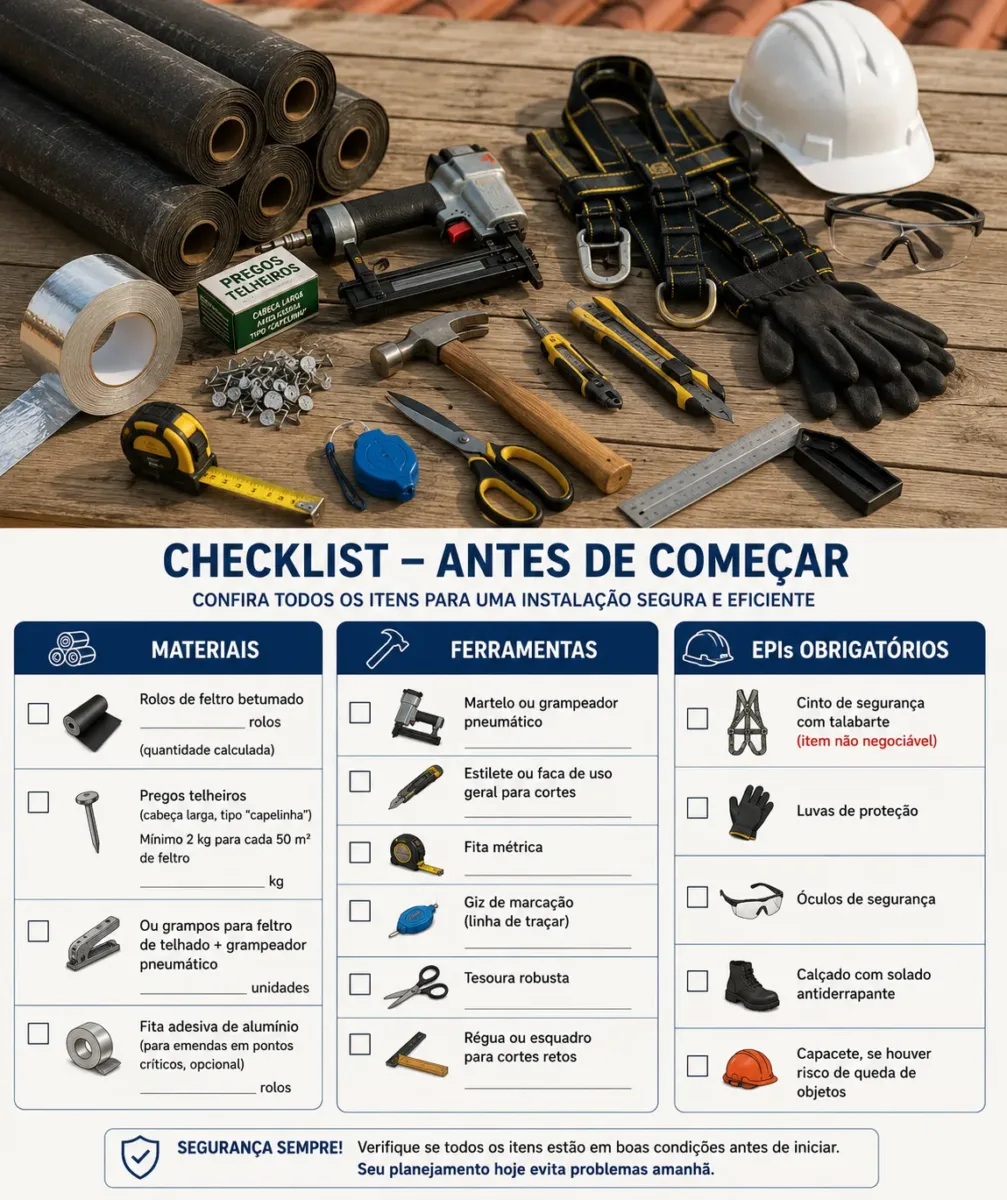 Ferramentas e Materiais Necessários para aplicação de feltro betumado