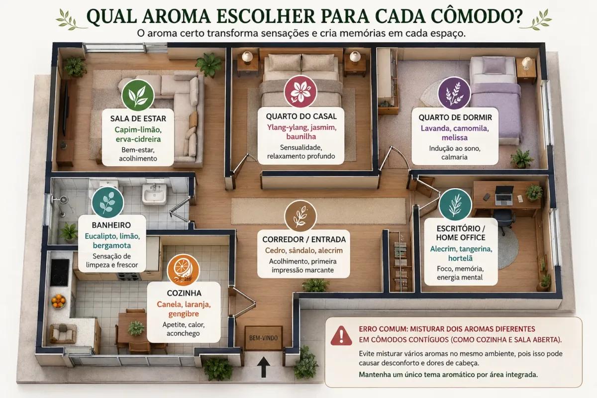 Planta baixa estilizada de uma casa com ícone de cada cômodo e o aroma recomendado