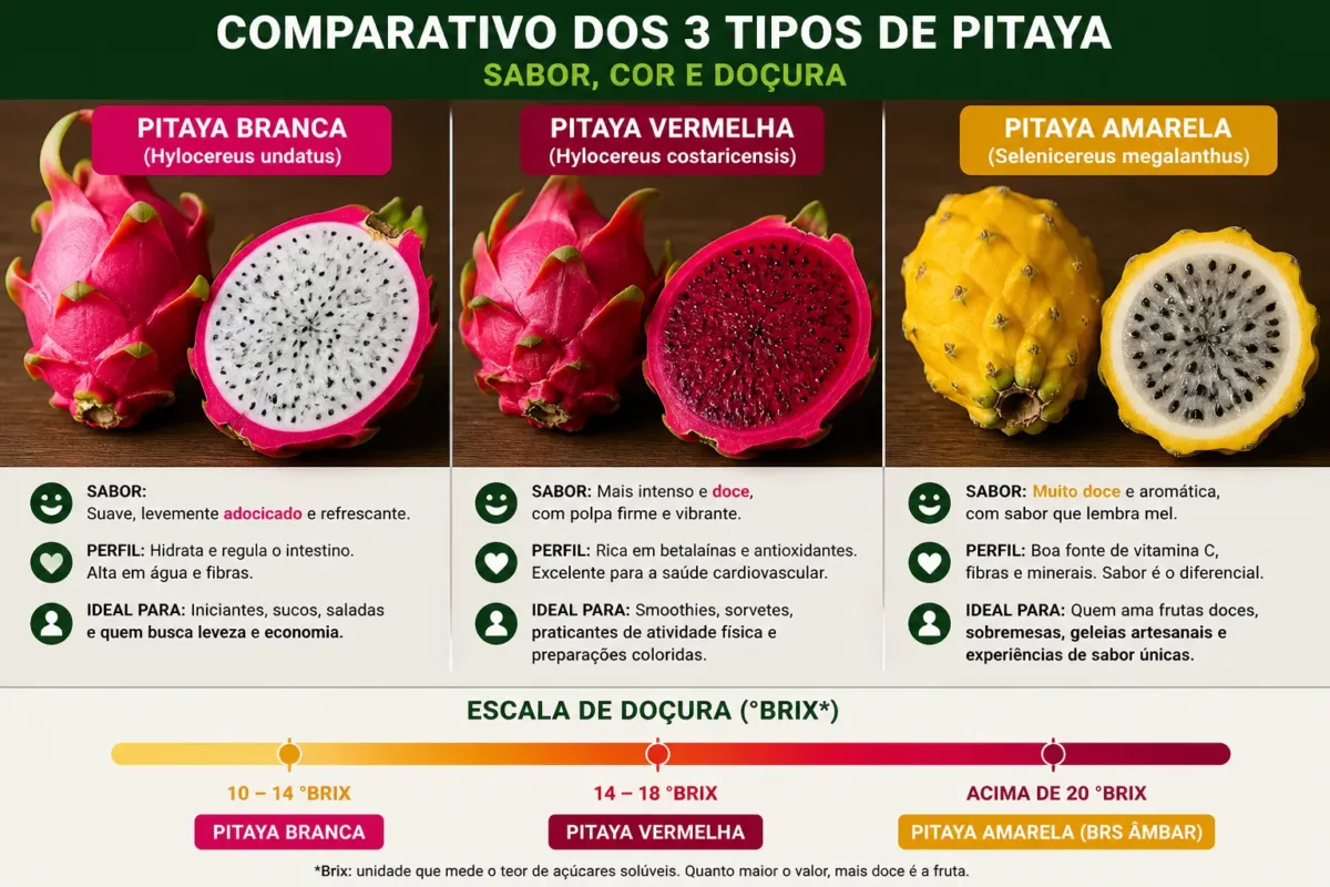 Comparativo fotográfico dos três tipos cortados, com legenda de doçura em escala