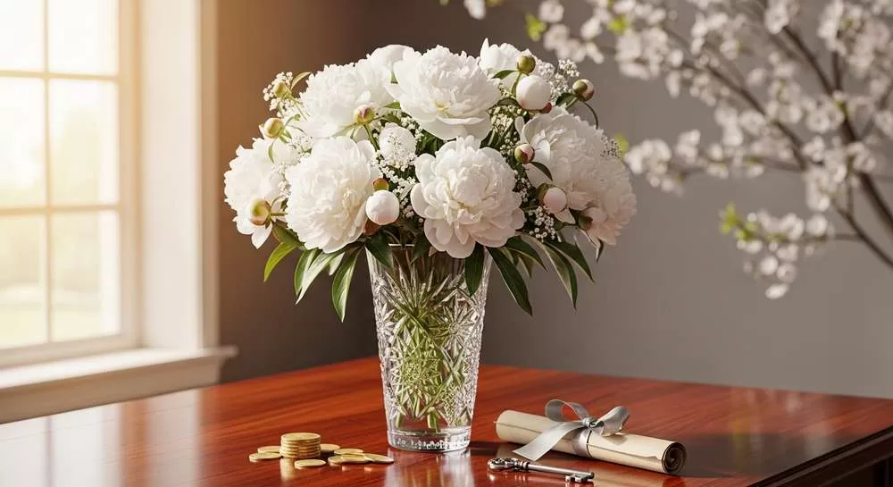Peonias brancas elegantes em um ambiente que sugere prosperidade e novos começos.