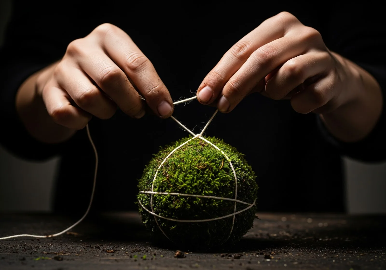 Imagem de ação mostrando as mãos de uma pessoa (sem o rosto aparecer) amarrando o barbante ao redor de uma bola de musgo já pronta. A bola está verde e viçosa. As mãos estão levemente sujas de terra, indicando um processo manual e autêntico. A iluminação é focada nas mãos e no Kokedama, com o fundo levemente escurecido para dar destaque ao processo. O clima é de concentração e criatividade.