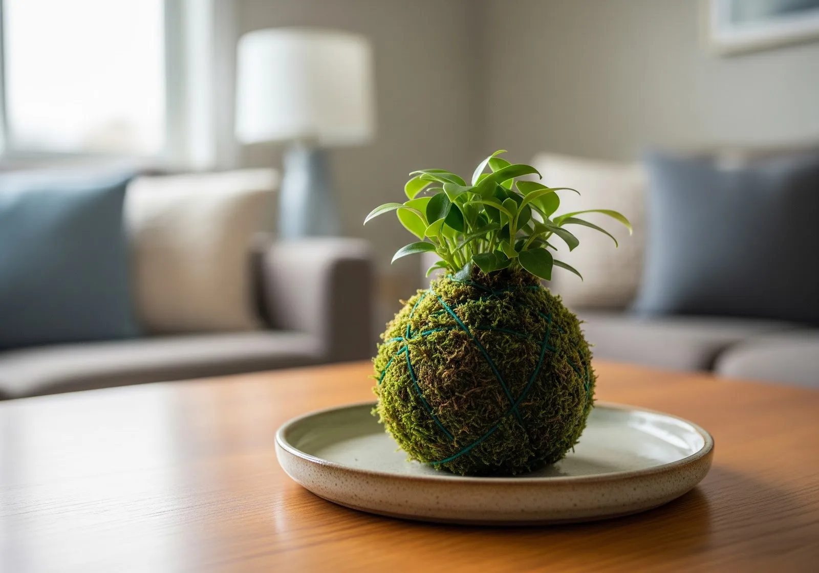 Fotografia de close-up, estilo lifestyle, mostrando um Kokedama de Jiboia apoiado em uma bandeja de cerâmica rústica sobre uma mesa de madeira. Ao fundo, um ambiente de sala de estar aconchegante e desfocado, com luz natural suave vinda de uma janela. A imagem deve transmitir uma sensação de paz, natureza e simplicidade elegante.