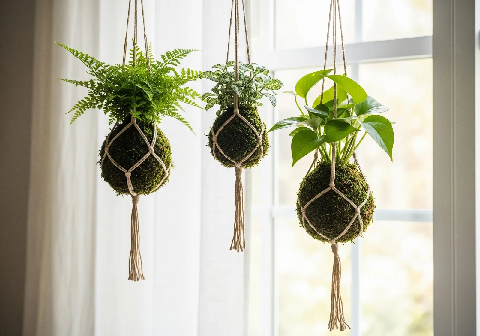 Foto de um conjunto de três Kokedamas de diferentes tamanhos e plantas (samambaia, fitônia, jiboia) pendurados em diferentes alturas perto de uma janela com cortina de linho branco esvoaçante. A luz do sol entra suavemente pela janela, iluminando as plantas. A cena deve parecer leve, arejada e transmitir a ideia de um lar fresco e cheio de vida, mostrando o resultado final deslumbrante.