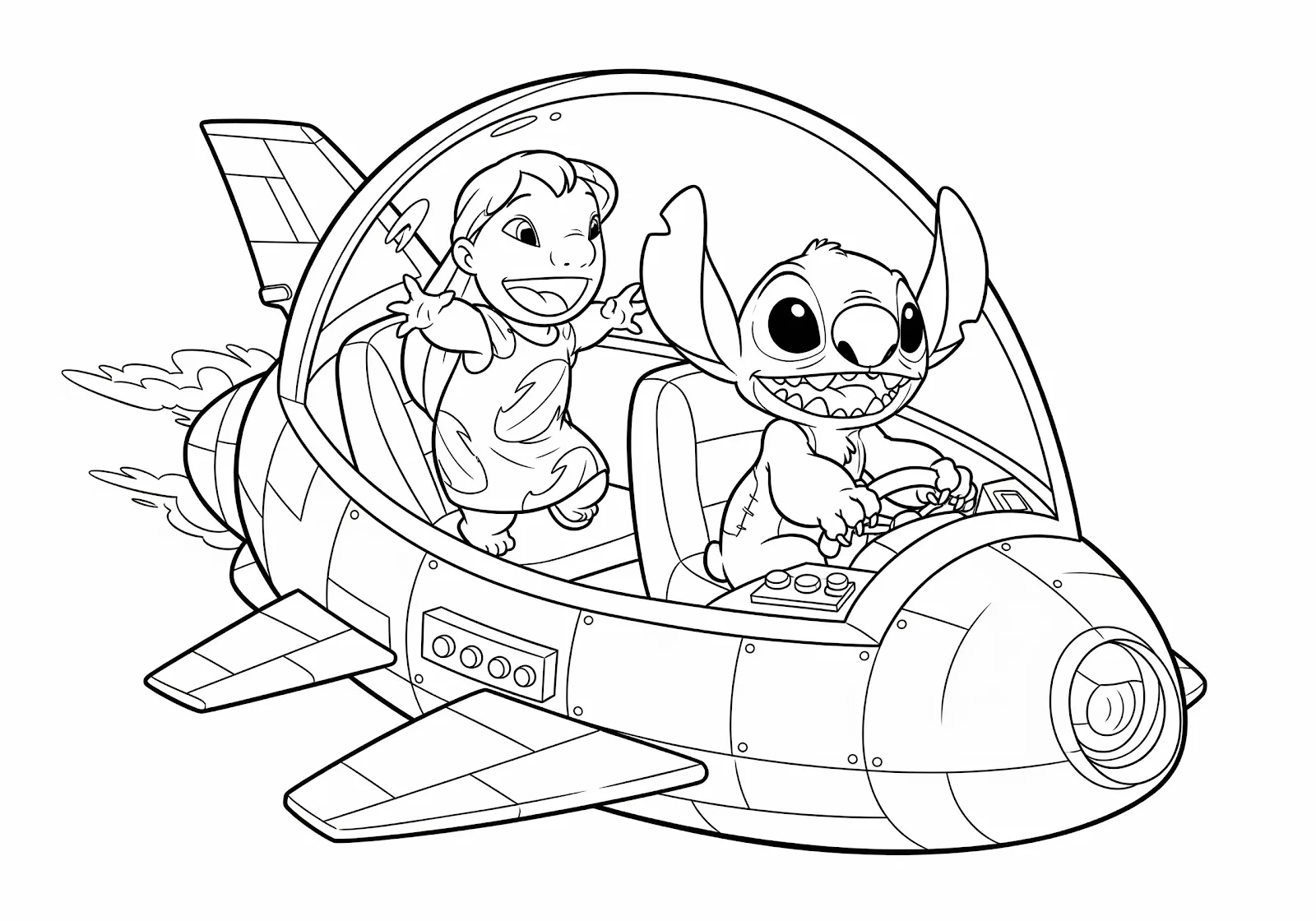 Desenho de Lilo e Stitch voando em uma nave para colorir